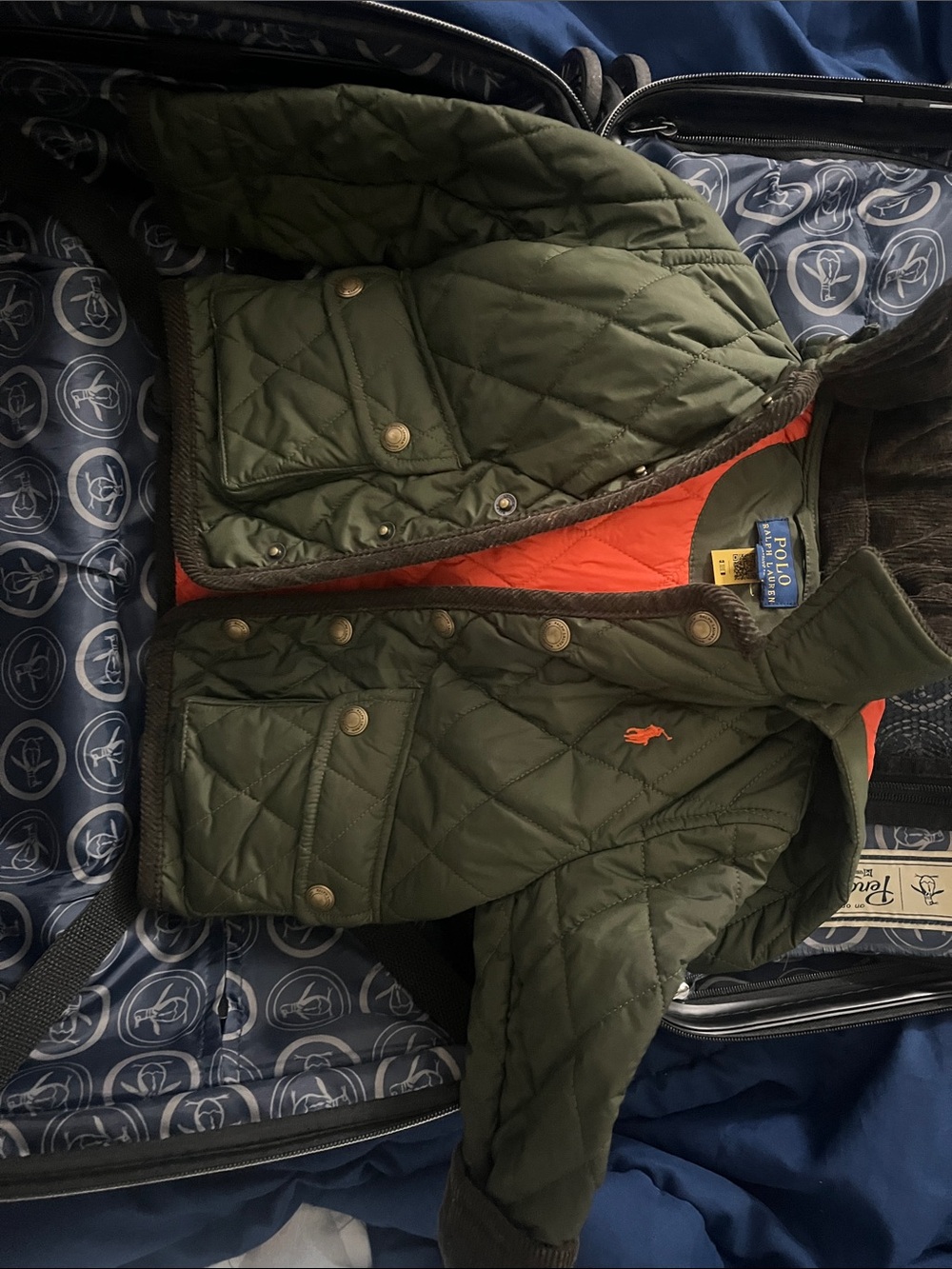 Polo by Ralph Lauren Olive Quilted Kids Jacket with Orange Lining and Logo